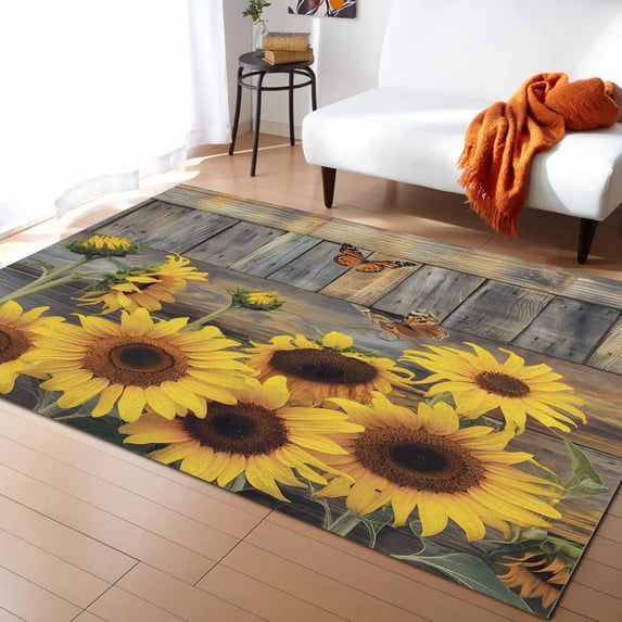 Area Rugs Indoor Non-Slip Rectangle Rug 2x3 Ft Summer Sunflower Country Flowers Wood Grain Rug Rubber Backing Floor Mats Non Shedding Home Decor Carpet for Entryway Living Room