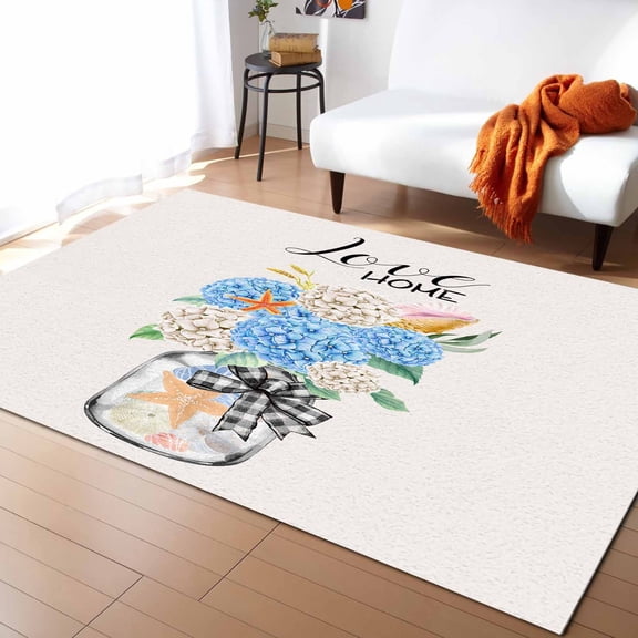 Area Rugs Indoor Non-Slip Rectangle Rug 2x3 Ft Summer Watercolor Hydrangeas LOVE HOME Rug Rubber Backing Floor Mats Non Shedding Home Decor Carpet for Entryway Living Room