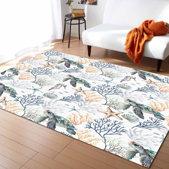Area Rugs Indoor Non-Slip Rectangle Rug 2x3 Ft Summer Watercolor Ocean Blue Coral Sea Turtle Rug Rubber Backing Floor Mats Non Shedding Home Decor Carpet for Entryway Living Room