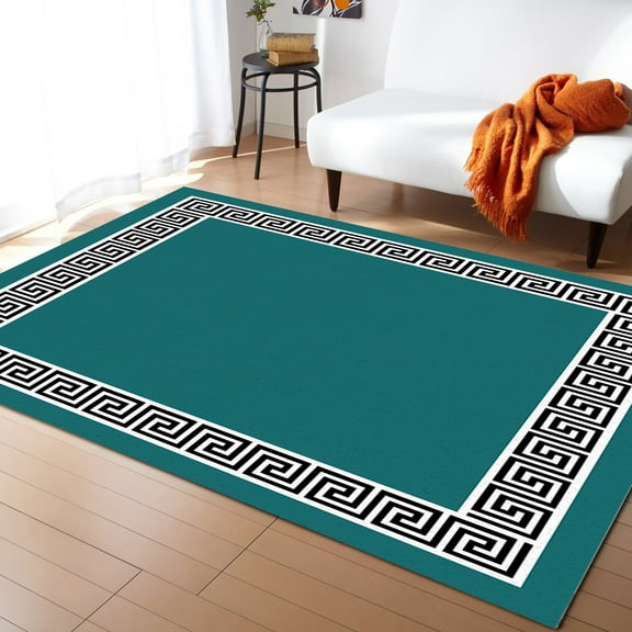 Area Rugs Indoor Non-Slip Rectangle Rug 2x3 Ft Teal Green Greek Chinese Style Border Geometric Rug Rubber Backing Floor Mats Non Shedding Home Decor Carpet for Entryway Living Room