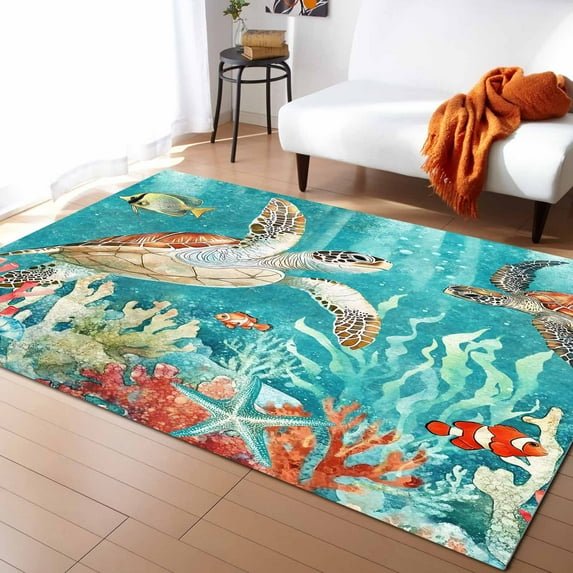 Area Rugs Indoor Non-Slip Rectangle Rug 2x3 Ft Teal Sea Turtle Retro Ocean Fish Seashell Coral Nautical Rug Rubber Backing Floor Mats Non Shedding Home Decor Carpet for Entryway Living Room