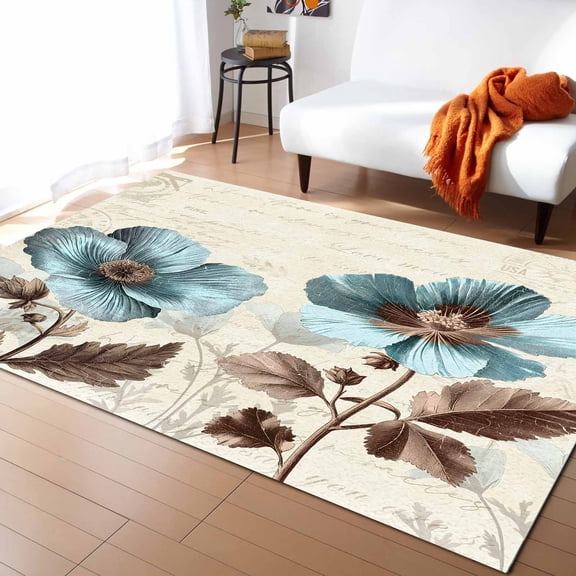Area Rugs Indoor Non-Slip Rectangle Rug 2x3 Ft Victorian Style Blue Retro Poppy Flower Plant Rug Rubber Backing Floor Mats Non Shedding Home Decor Carpet for Entryway Living Room