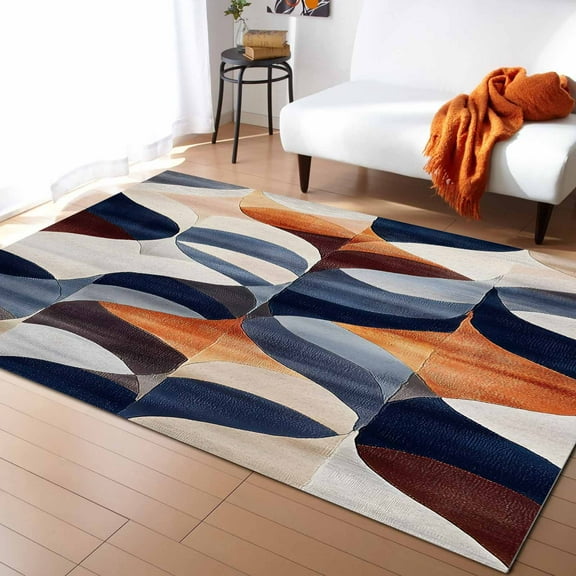 Area Rugs Indoor Non-Slip Rectangle Rug 2x3 Ft Vintage Curve Abstract Blue Beige Watercolor Art Rug Rubber Backing Floor Mats Non Shedding Home Decor Carpet for Entryway Living Room