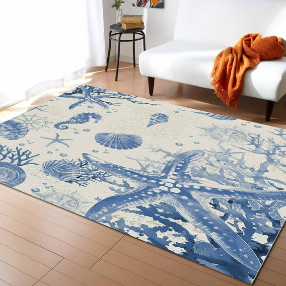 Area Rugs Indoor Non-Slip Rectangle Rug 2x3 Ft Vintage Starfish Coral Seahorse Shell Ocean Blue Rug Rubber Backing Floor Mats Non Shedding Home Decor Carpet for Entryway Living Room
