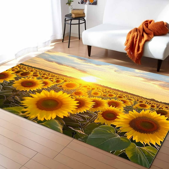 Area Rugs Indoor Non-Slip Rectangle Rug 2x3 Ft Vintage Style Summer Floral Sunflower Sunset Field Farmhouse Rug Rubber Backing Floor Mats Non Shedding Home Decor Carpet for Entryway Living Room