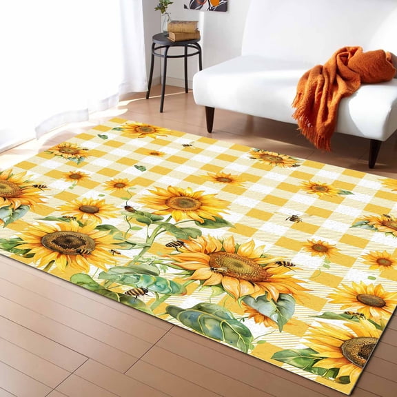 Area Rugs Indoor Non-Slip Rectangle Rug 2x3 Ft Vintage Sunflowers Bee Yellow Plaid Country Farmhouse Rug Rubber Backing Floor Mats Non Shedding Home Decor Carpet for Entryway Living Room