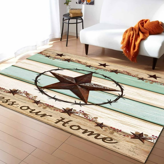 Area Rugs Indoor Non-Slip Rectangle Rug 2x3 Ft Western Texas Star Retro Green Beige Wooden Brown Star Rug Rubber Backing Floor Mats Non Shedding Home Decor Carpet for Entryway Living Room
