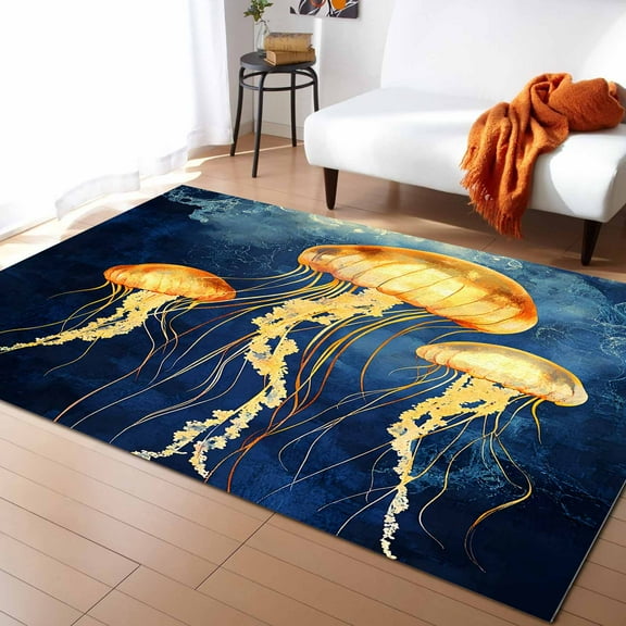 Area Rugs Indoor Non-Slip Rectangle Rug 2x3 Ft Yellow Jellyfish Ocean Dreamy Coastal Nautical Rug Rubber Backing Floor Mats Non Shedding Home Decor Carpet for Entryway Living Room