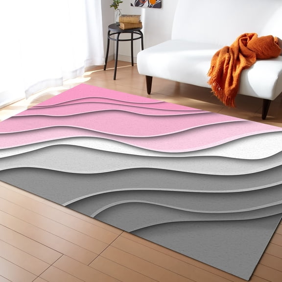Area Rugs Indoor Non-Slip Rectangle Rug 4x6 Ft Abstract Beach Aesthetic Grey to Pink Gradient Rug Rubber Backing Floor Mats Non Shedding Home Decor Carpet for Entryway Living Room