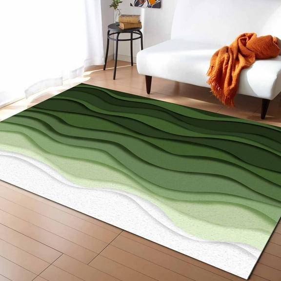 Area Rugs Indoor Non-Slip Rectangle Rug 4x6 Ft Abstract Green Gradient Ocean Waves Sandy Beach Rug Rubber Backing Floor Mats Non Shedding Home Decor Carpet for Entryway Living Room