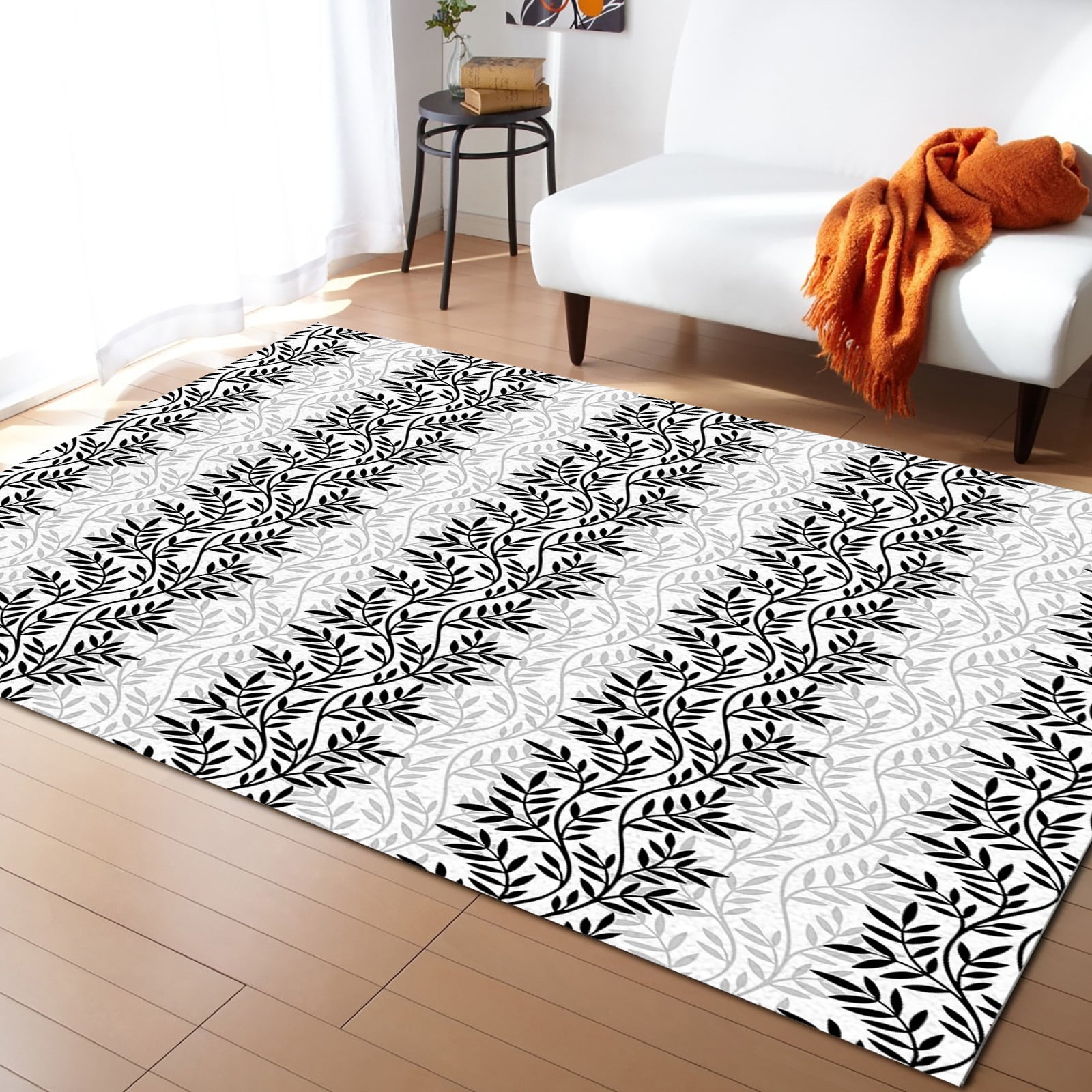 4x6 Rectangular Rug Area Rugs Indoor Non-Slip Rectangle Rug 4x6 Ft Abstract Leaf Black and ...