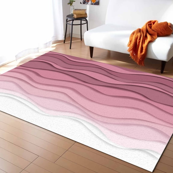 Area Rugs Indoor Non-Slip Rectangle Rug 4x6 Ft Abstract Pink Gradient Ocean Waves Sandy Beach Rug Rubber Backing Floor Mats Non Shedding Home Decor Carpet for Entryway Living Room