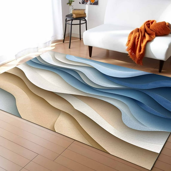 Area Rugs Indoor Non-Slip Rectangle Rug 4x6 Ft Abstract Water Ripple Modern Blue Beige Gradient Rug Rubber Backing Floor Mats Non Shedding Home Decor Carpet for Entryway Living Room