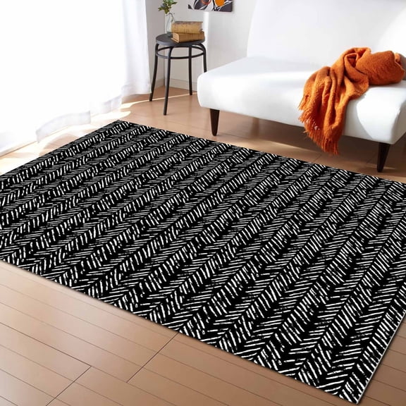 Area Rugs Indoor Non-Slip Rectangle Rug 4x6 Ft Art Deco Abstract Black White Striped Simple Rug Rubber Backing Floor Mats Non Shedding Home Decor Carpet for Entryway Living Room