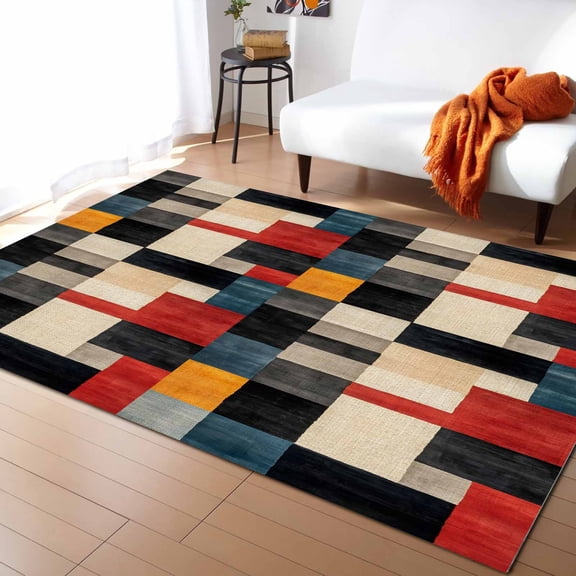 Area Rugs Indoor Non-Slip Rectangle Rug 4x6 Ft Art Deco Abstract Orange Black White Red Square Rug Rubber Backing Floor Mats Non Shedding Home Decor Carpet for Entryway Living Room