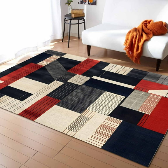 Area Rugs Indoor Non-Slip Rectangle Rug 4x6 Ft Art Deco Abstract Red Black Stripe White Square Rug Rubber Backing Floor Mats Non Shedding Home Decor Carpet for Entryway Living Room
