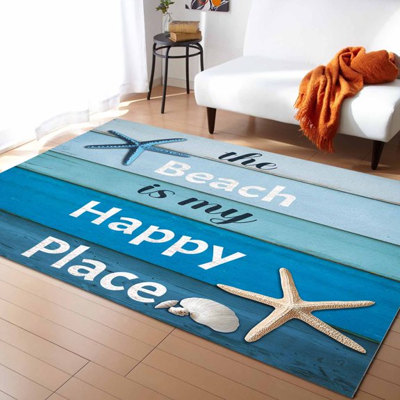 Area Rugs Indoor Non-Slip Rectangle Rug 4x6 Ft Beach Themed The Beach Is My Happy Place Plaque Wood Block Rug Rubber Backing Floor Mats Non Shedding Home Decor Carpet for Entryway Living Room