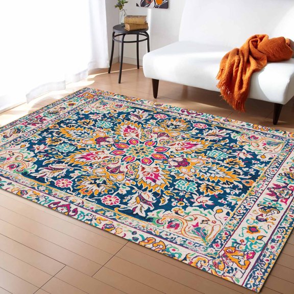 Area Rugs Indoor Non-Slip Rectangle Rug 4x6 Ft Beige Dark Blue Red Orange Flower Ethnic Middle East Vintage Retro Rug Rubber Backing Floor Mats Non Shedding Home Decor Carpet for Entryway Living Room