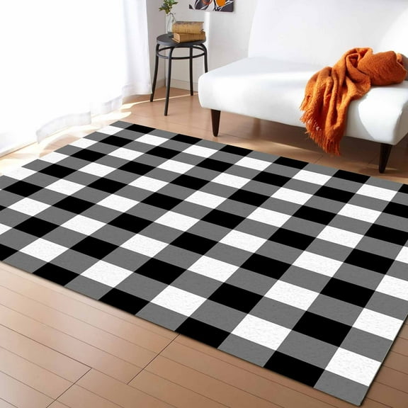 Area Rugs Indoor Non-Slip Rectangle Rug 4x6 Ft Black Plaid Black Gradient Line Check Geometric Rug Rubber Backing Floor Mats Non Shedding Home Decor Carpet for Entryway Living Room