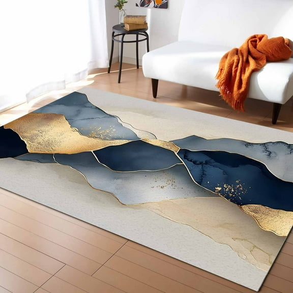 Area Rugs Indoor Non-Slip Rectangle Rug 4x6 Ft Blue Gold Color Block Abstract Impressionist Style Rug Rubber Backing Floor Mats Non Shedding Home Decor Carpet for Entryway Living Room