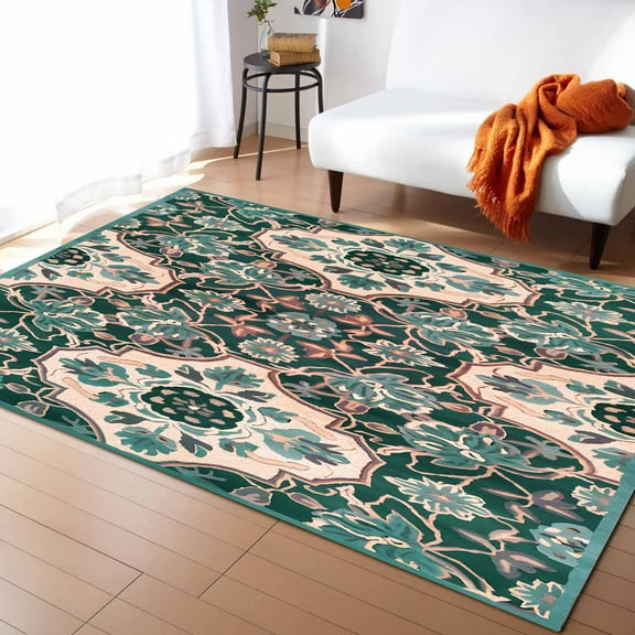 Area Rugs Indoor Non-Slip Rectangle Rug 4x6 Ft Bohemia Ethnic Style Retro Green Southwest Pattern Rug Rubber Backing Floor Mats Non Shedding Home Decor Carpet for Entryway Living Room