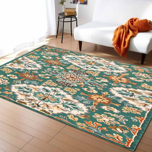 Area Rugs Indoor Non-Slip Rectangle Rug 4x6 Ft Bohemia Ethnic Style Retro Southwest Pattern Green Rug Rubber Backing Floor Mats Non Shedding Home Decor Carpet for Entryway Living Room