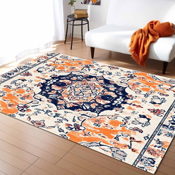 Area Rugs Indoor Non-Slip Rectangle Rug 4x6 Ft Bohemian Orange Beige Floral Geometric Texture Ethnic Art Rug Rubber Backing Floor Mats Non Shedding Home Decor Carpet for Entryway Living Room