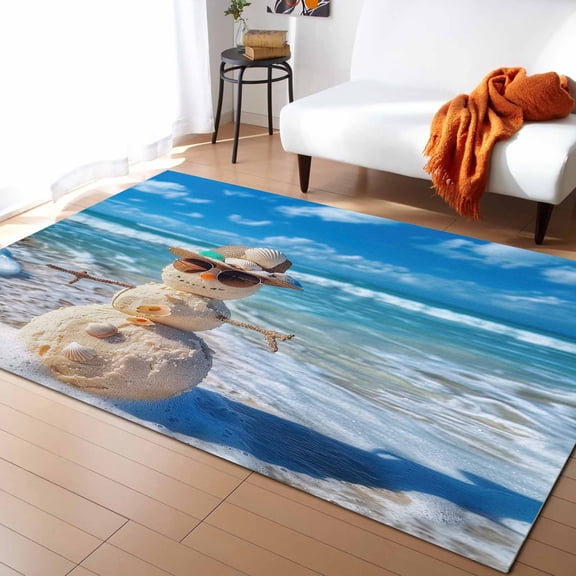 Area Rugs Indoor Non-Slip Rectangle Rug 4x6 Ft Christmas Ocean Beach Shell Snowman Blue Sky Rug Rubber Backing Floor Mats Non Shedding Home Decor Carpet for Entryway Living Room