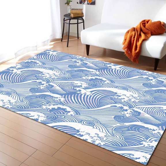 Area Rugs Indoor Non-Slip Rectangle Rug 4x6 Ft Classic Blue Ocean Waves Lines Illustration Rug Rubber Backing Floor Mats Non Shedding Home Decor Carpet for Entryway Living Room