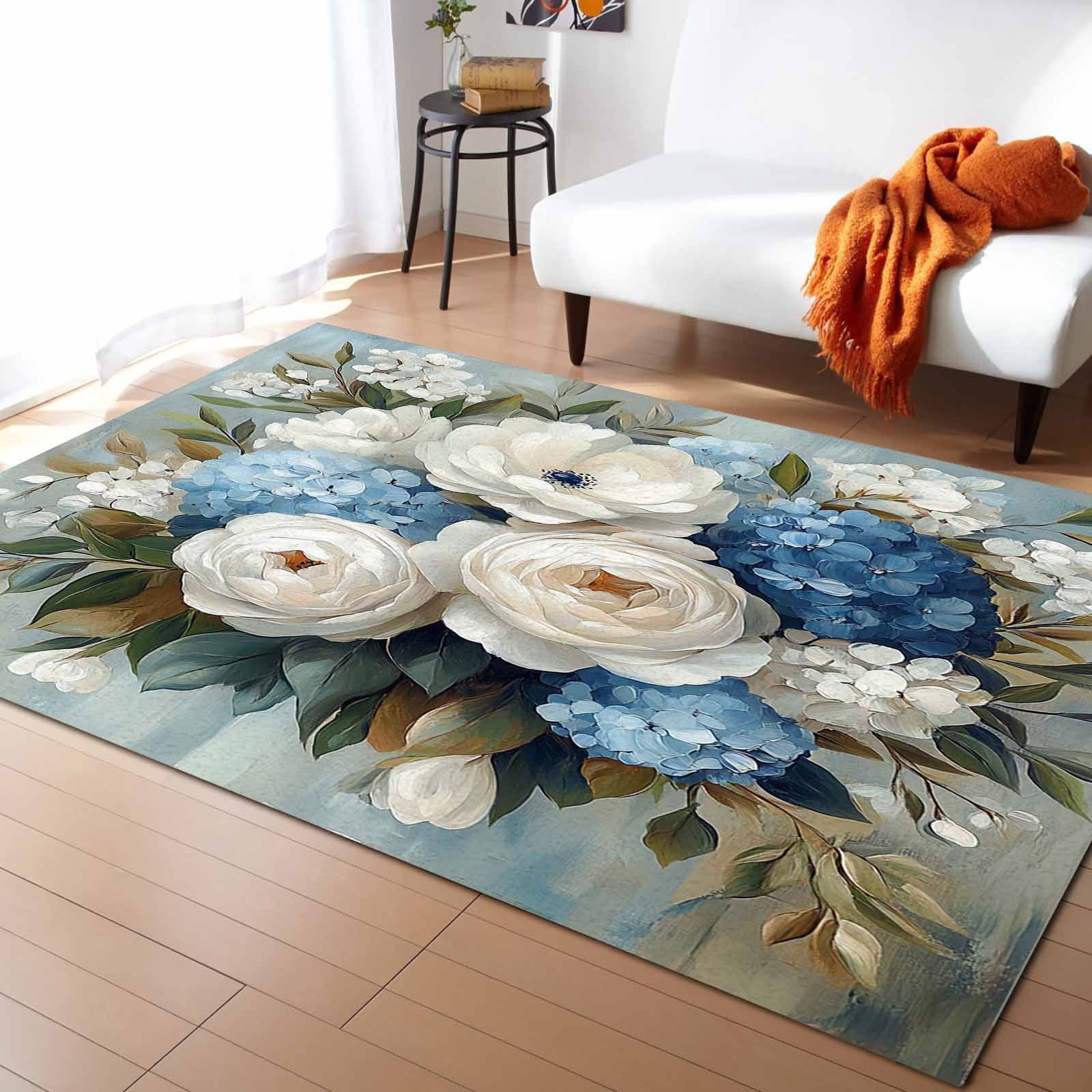 4x6 Rectangular Rug Area Rugs Indoor Non-Slip Rectangle Rug 4x6 Ft Country Flower Blue ...