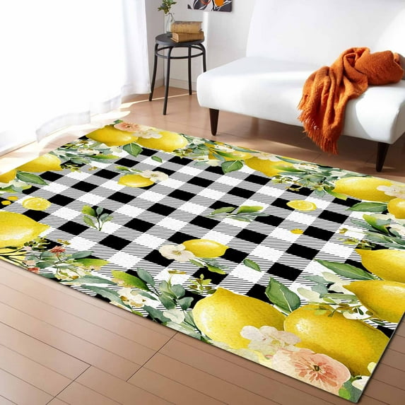 Area Rugs Indoor Non-Slip Rectangle Rug 4x6 Ft Country Vintage Yellow Lemon Flowers Black White Check Rug Rubber Backing Floor Mats Non Shedding Home Decor Carpet for Entryway Living Room