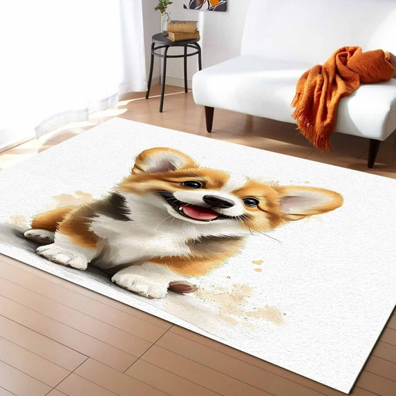 Area Rugs Indoor Non-Slip Rectangle Rug 4x6 Ft Cute Cartoon Puppy Watercolor Country Brown Dog Rug Rubber Backing Floor Mats Non Shedding Home Decor Carpet for Entryway Living Room
