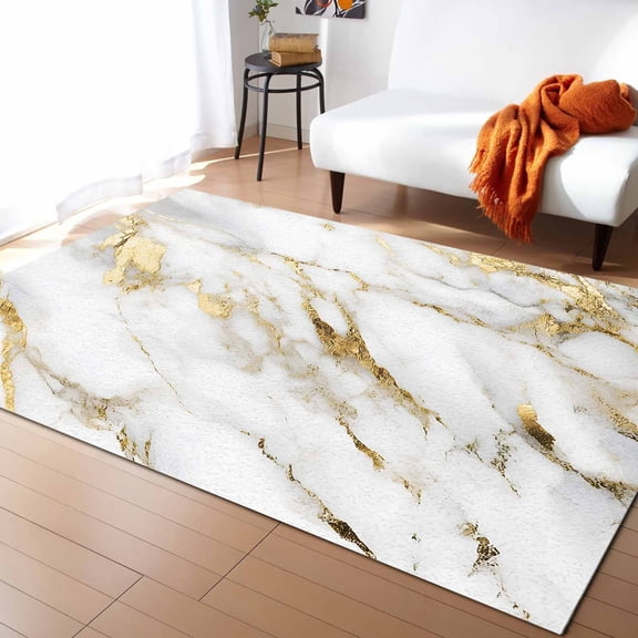 Area Rugs Indoor Non-Slip Rectangle Rug 4x6 Ft Gold White Marble Abstract Cracked Stone Texture Contemporary Rug Rubber Backing Floor Mats Non Shedding Home Decor Carpet for Entryway Living Room