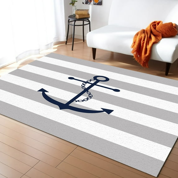 Area Rugs Indoor Non-Slip Rectangle Rug 4x6 Ft Grey Stripes Anchor Nautical Geometric Rug Rubber Backing Floor Mats Non Shedding Home Decor Carpet for Entryway Living Room