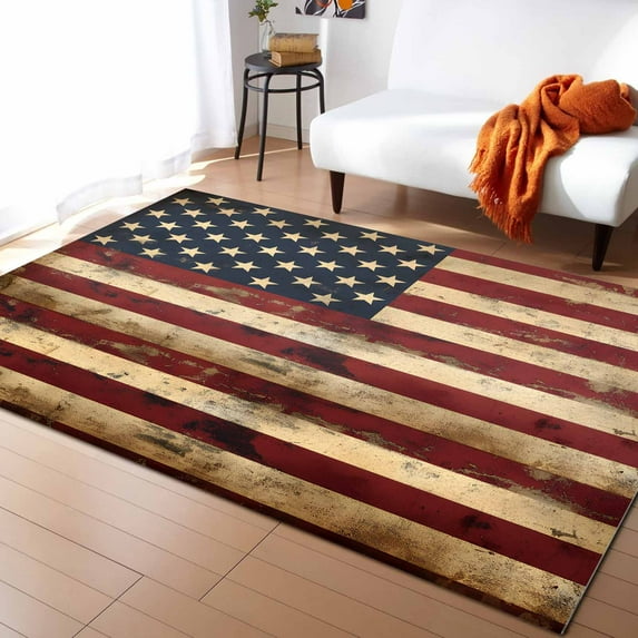 Area Rugs Indoor Non-Slip Rectangle Rug 4x6 Ft Independence Day American Flag Abstract Stripes Rug Rubber Backing Floor Mats Non Shedding Home Decor Carpet for Entryway Living Room