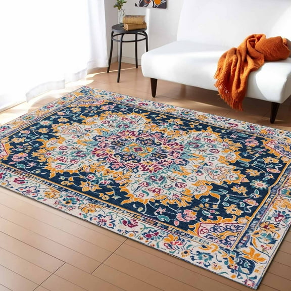 Area Rugs Indoor Non-Slip Rectangle Rug 4x6 Ft Light Beige Dark Blue Flower Ethnic Middle East Vintage Retro Rug Rubber Backing Floor Mats Non Shedding Home Decor Carpet for Entryway Living Room