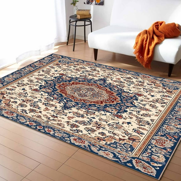 Area Rugs Indoor Non-Slip Rectangle Rug 4x6 Ft Light Yellow Blue Floral Ethnic Oriental Retro Vintage Rug Rubber Backing Floor Mats Non Shedding Home Decor Carpet for Entryway Living Room