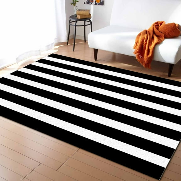 Area Rugs Indoor Non-Slip Rectangle Rug 4x6 Ft Modem Style Simple White Black Striped Rug Rubber Backing Floor Mats Non Shedding Home Decor Carpet for Entryway Living Room