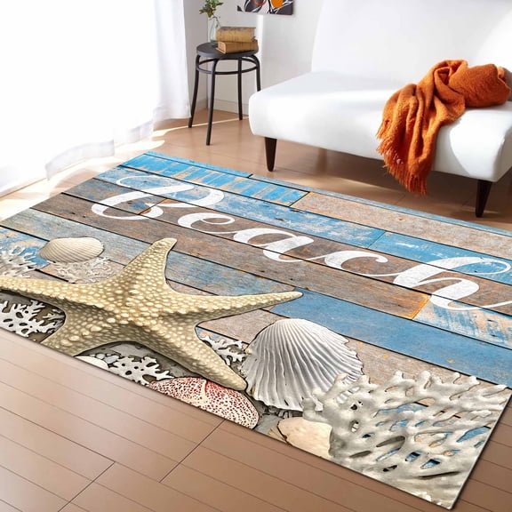 Area Rugs Indoor Non-Slip Rectangle Rug 4x6 Ft Ocean Beach Starfish Coral Shell Blue Retro Wood Grain Rug Rubber Backing Floor Mats Non Shedding Home Decor Carpet for Entryway Living Room