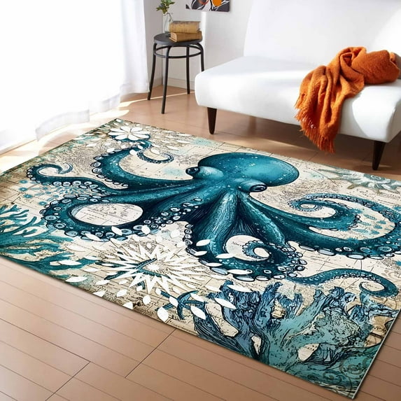 Area Rugs Indoor Non-Slip Rectangle Rug 4x6 Ft Octopus Nautical Navy Blue Kraken Coral Vintage Coastal Map Rug Rubber Backing Floor Mats Non Shedding Home Decor Carpet for Entryway Living Room