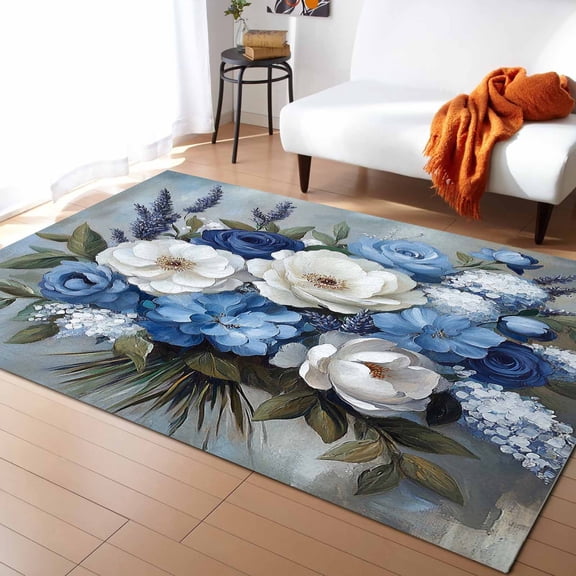 Area Rugs Indoor Non-Slip Rectangle Rug 4x6 Ft Oil Painting Flower Blue White Hydrangeas Peony Rug Rubber Backing Floor Mats Non Shedding Home Decor Carpet for Entryway Living Room