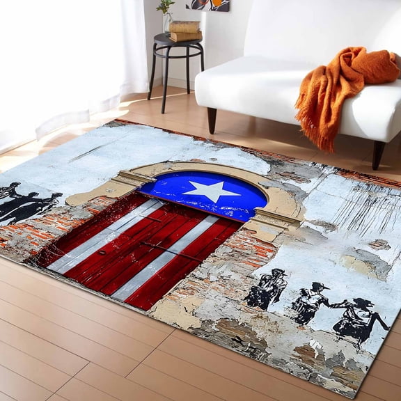 Area Rugs Indoor Non-Slip Rectangle Rug 4x6 Ft Puerto Rico Flag Country Rustic Shabby Door Wall Graffiti Rug Rubber Backing Floor Mats Non Shedding Home Decor Carpet for Entryway Living Room
