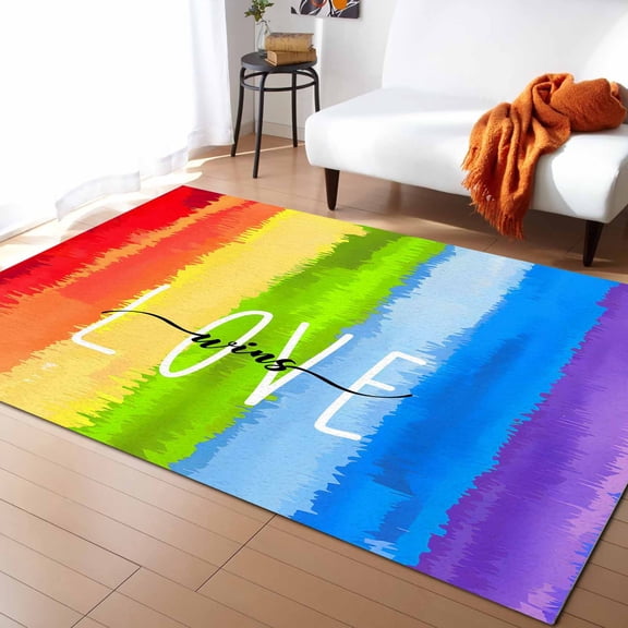 Area Rugs Indoor Non-Slip Rectangle Rug 4x6 Ft Rainbow Gradient Love Wins Colorful Grass Texture Rug Rubber Backing Floor Mats Non Shedding Home Decor Carpet for Entryway Living Room