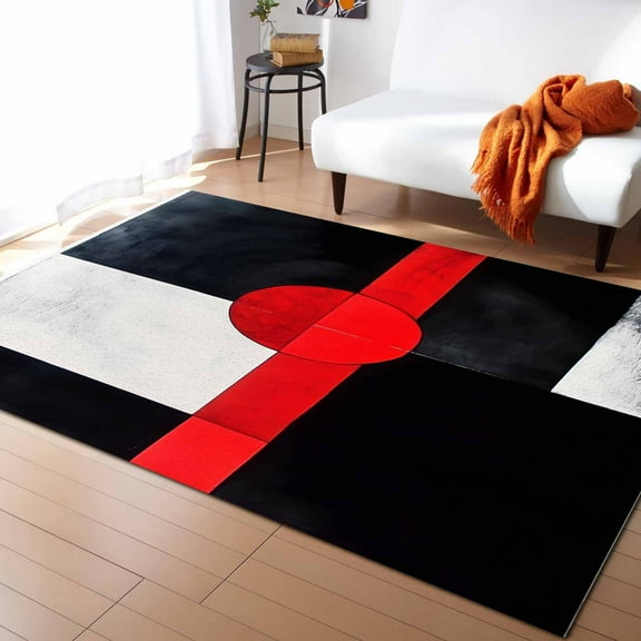 Area Rugs Indoor Non-Slip Rectangle Rug 4x6 Ft Red Black Abstract Modern Geometric Classic Dark Style Rug Rubber Backing Floor Mats Non Shedding Home Decor Carpet for Entryway Living Room