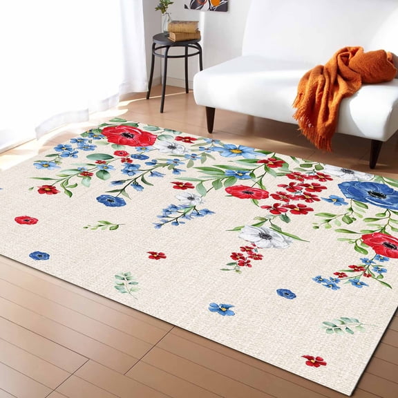Area Rugs Indoor Non-Slip Rectangle Rug 4x6 Ft Red Blue Poppy Independence Day Eucalyptus Leaves Retro Rug Rubber Backing Floor Mats Non Shedding Home Decor Carpet for Entryway Living Room