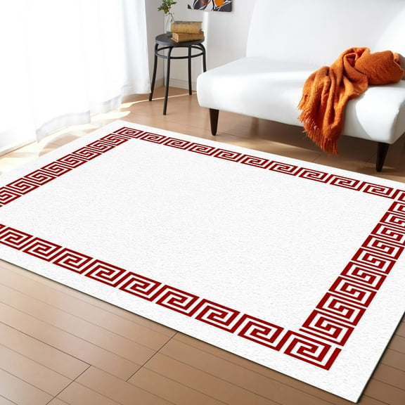 Area Rugs Indoor Non-Slip Rectangle Rug 4x6 Ft Red Geometric Greek Pattern Chinese Rug Rubber Backing Floor Mats Non Shedding Home Decor Carpet for Entryway Living Room