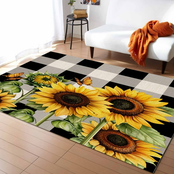 Area Rugs Indoor Non-Slip Rectangle Rug 4x6 Ft Retro Butterfly Sunflower Pastoral Flower Black White Plaid Rug Rubber Backing Floor Mats Non Shedding Home Decor Carpet for Entryway Living Room