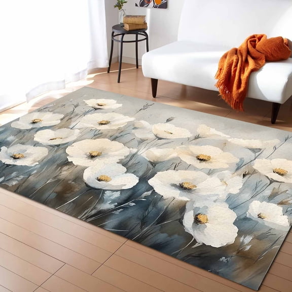 Area Rugs Indoor Non-Slip Rectangle Rug 4x6 Ft Retro Flowers White Floral Farm Oil Painting Rug Rubber Backing Floor Mats Non Shedding Home Decor Carpet for Entryway Living Room