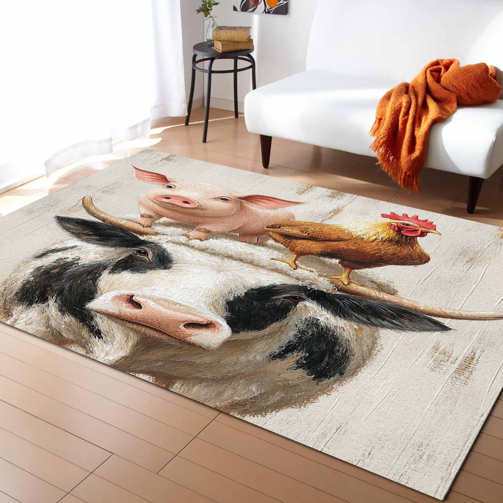 Area Rugs Indoor Non-Slip Rectangle Rug 4x6 Ft Rooster Cow Pig ...