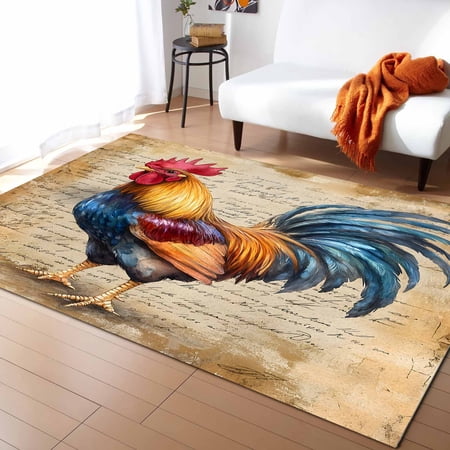 Area Rugs Indoor Non-Slip Rectangle Rug 4x6 Ft Rooster Retro Animal Countryside Farmhouse Rug Rubber Backing Floor Mats Non Shedding Home Decor Carpet for Entryway Living Room